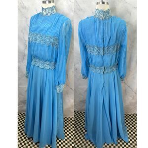 Vintage 1960s Evening Gown Dress M Blue Glamorous Maxi Lace Pleated Goddess